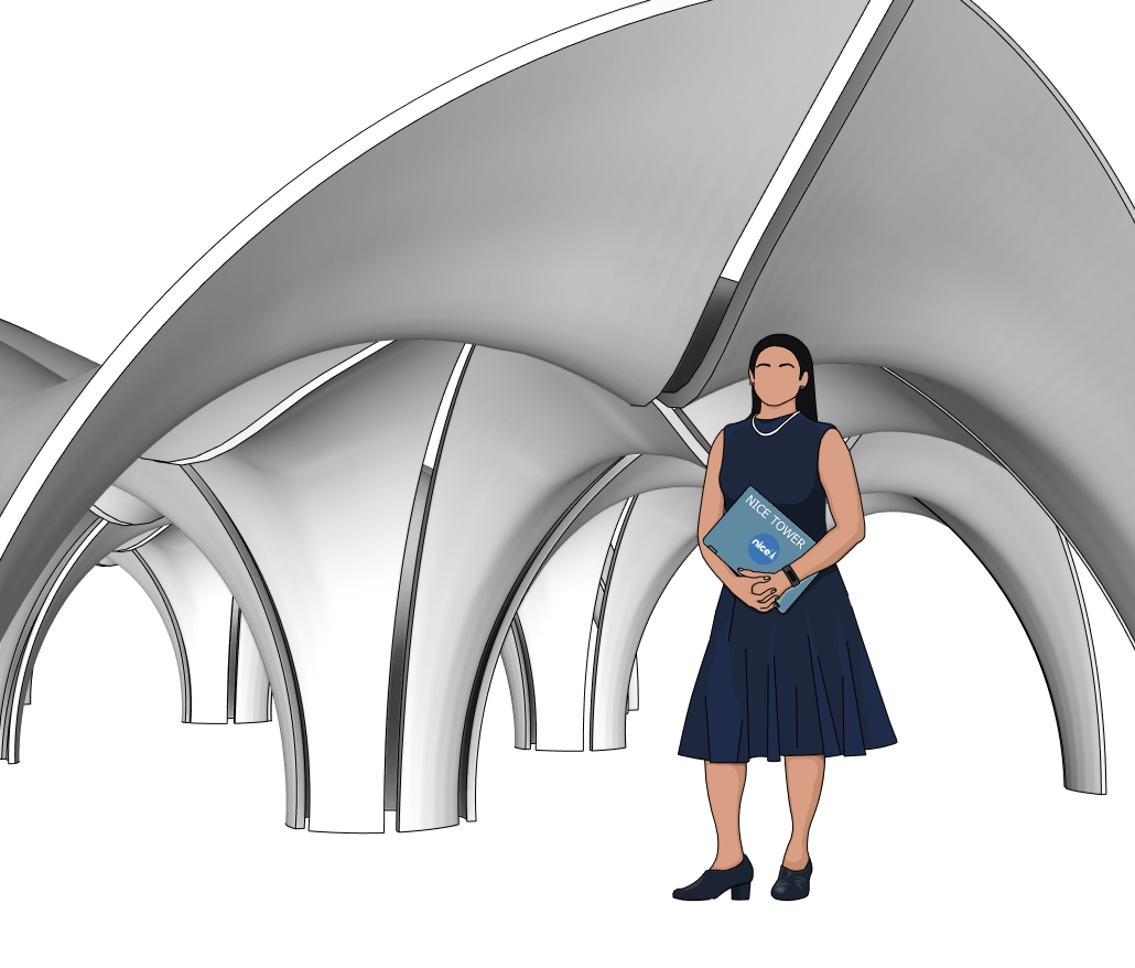 Interior view of the Confluence Park SketchUp model with curved petal arches and a scale figure