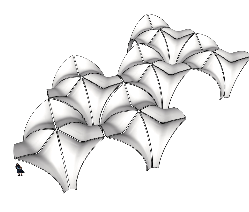 Elevated view of the Confluence Park SketchUp model with an interconnected petal roof