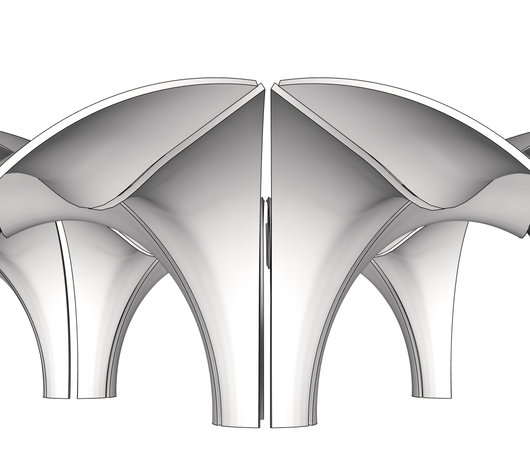 Close view of paired curved petals and the central opening in the Confluence Park pavilion model