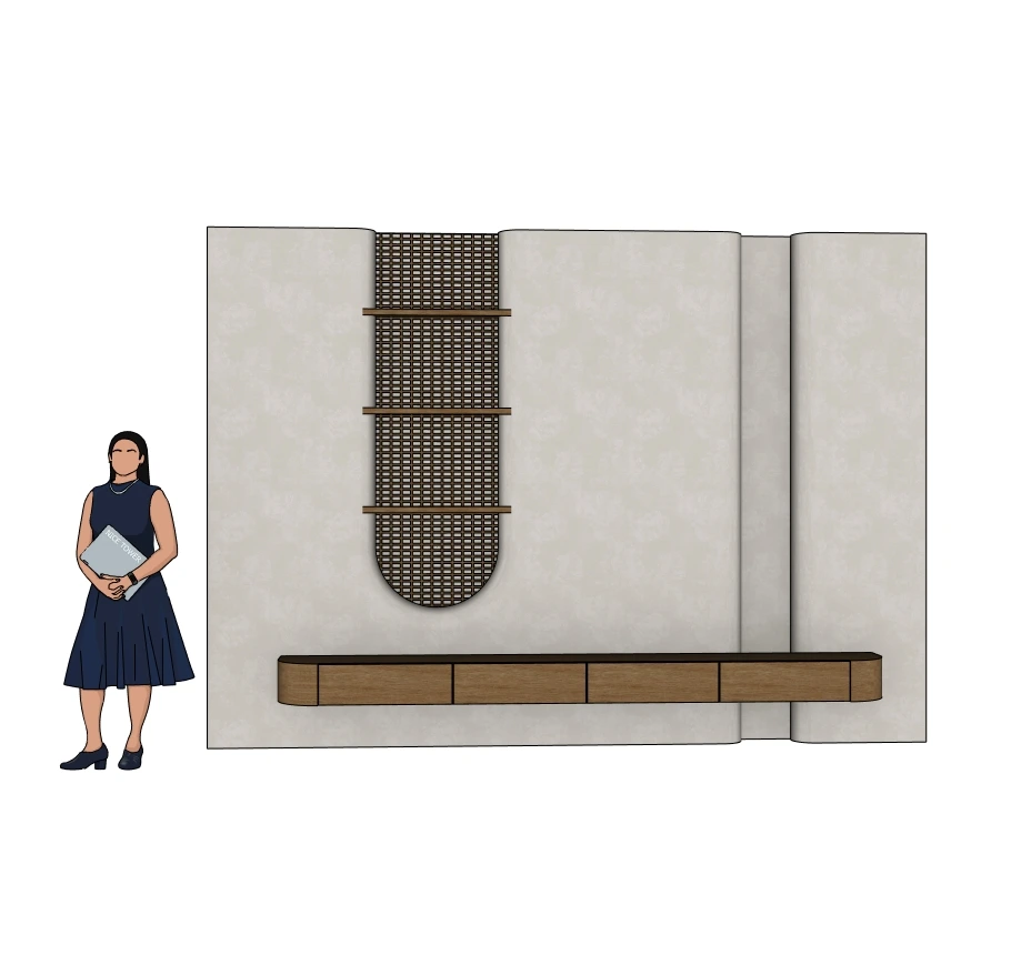 Modern TV wall with a floating console, shelves and decorative screen