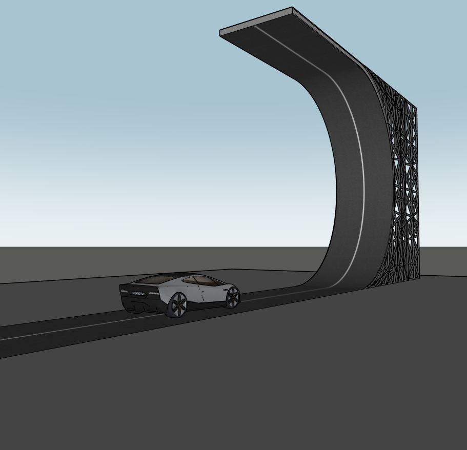 Tesla Roadster SketchUp model with a curved ramp and lattice supports