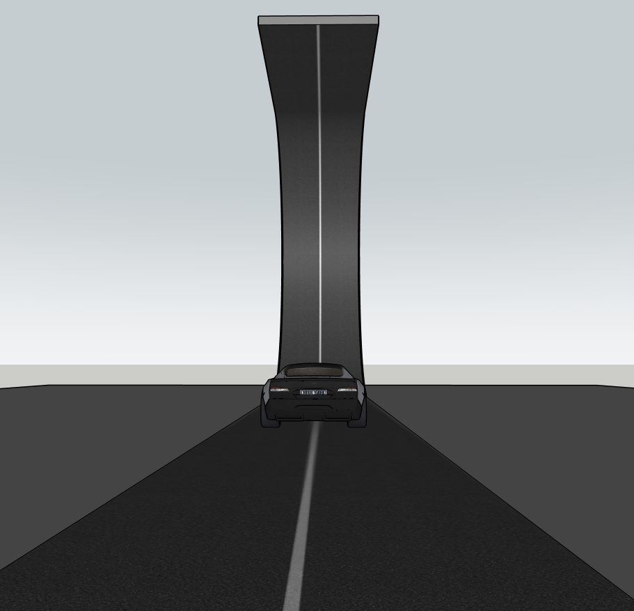 Rear view of the Tesla Roadster facing the steep curved ramp in SketchUp