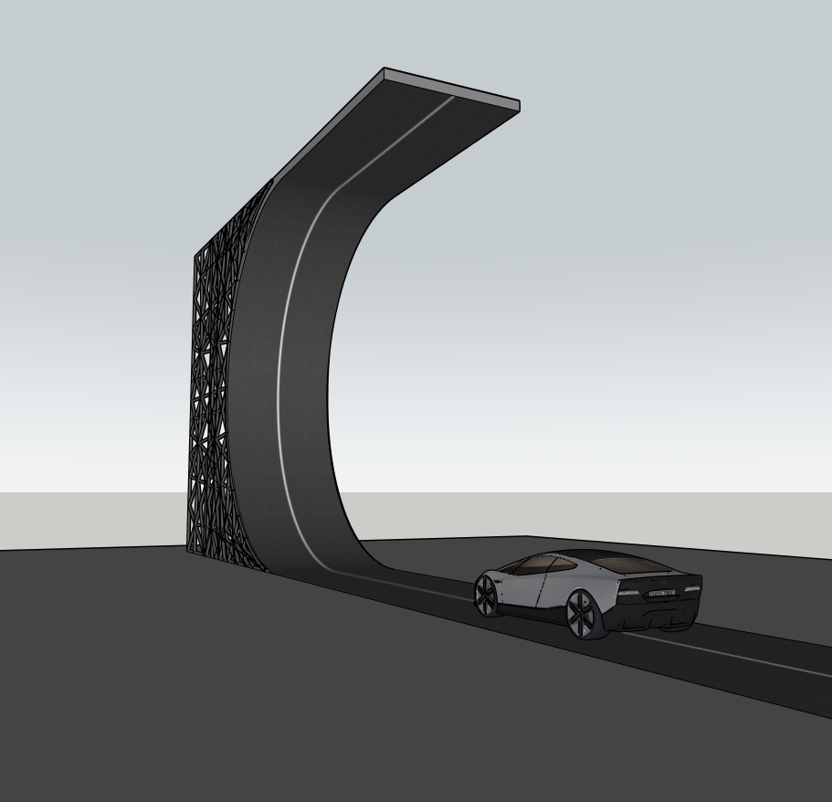 Perspective view of the Tesla Roadster and curved road with exposed lattice support