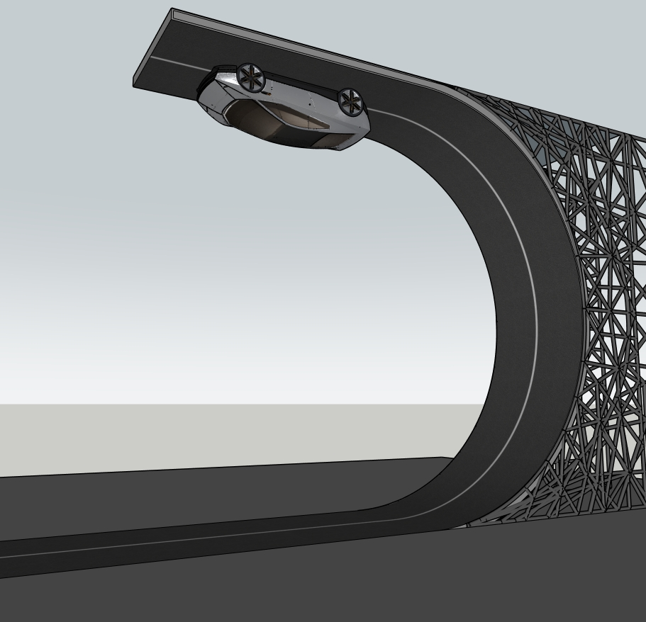 Tesla Roadster positioned upside down beneath the upper curved ramp in a SketchUp concept scene