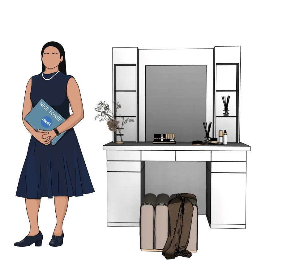Vanity table with a mirror, drawers and side shelving